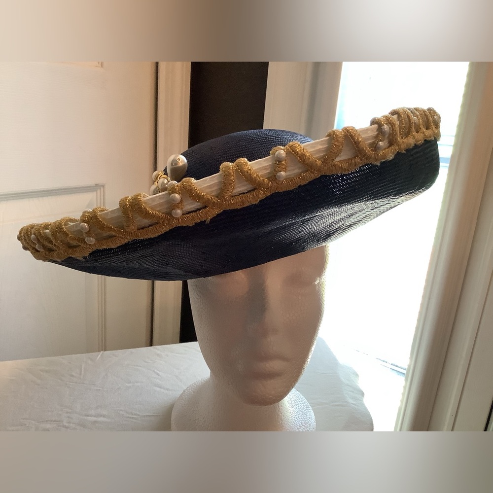 Mr. John Classic Navy Blue with Gold shiny trim and beautiful Pearl pin! Vintage